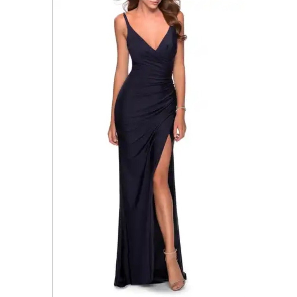 La Femme Ruched Jersey Gown‎ Navy Size 2